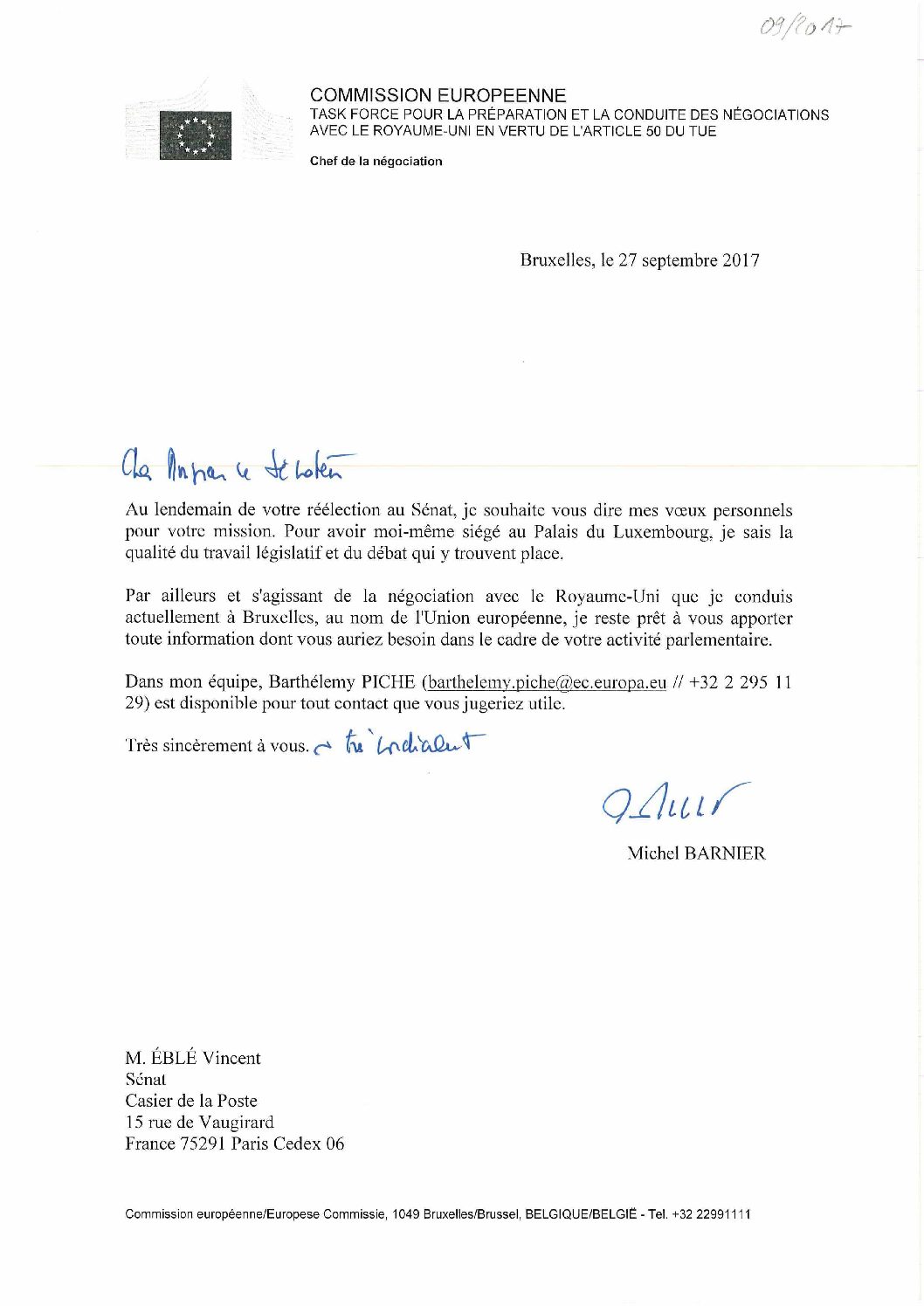 Lettre de félicitations de Michel BARNIER – Sénateur Eblé